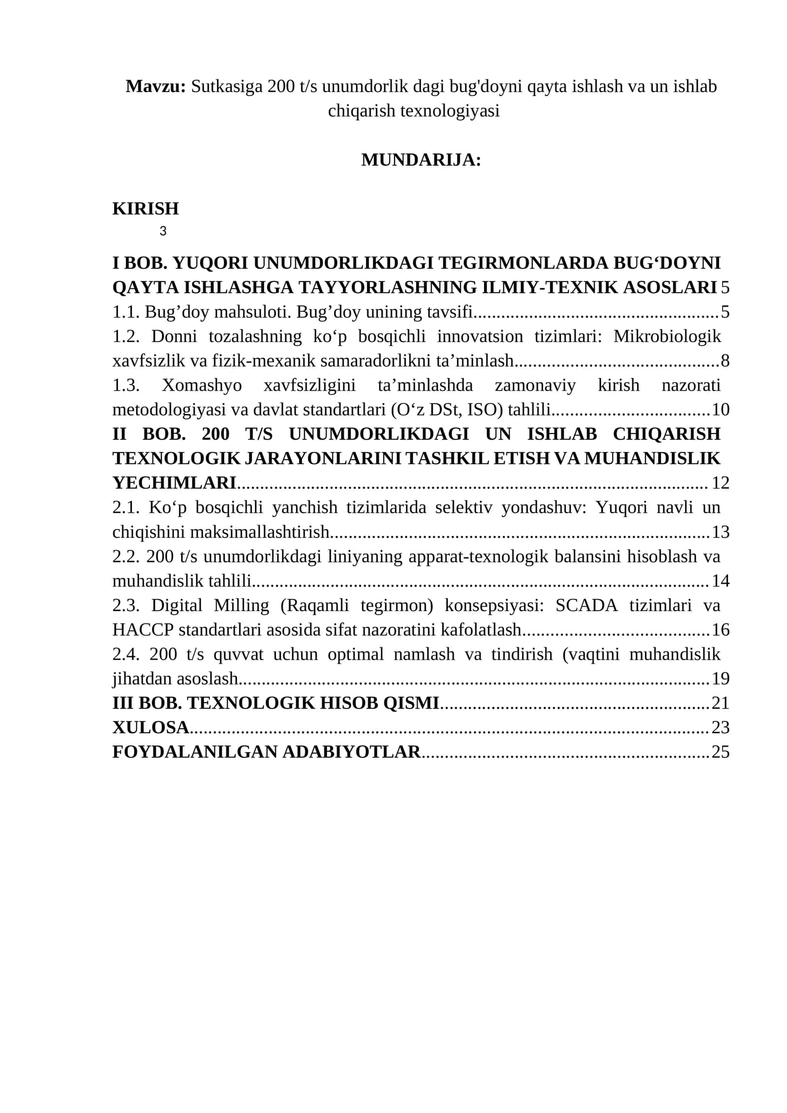 Sutkasiga 200 t/s unumdorlik dagi bug'doyni qayta ishlash va un ishlab chiqarish texnologiyasi