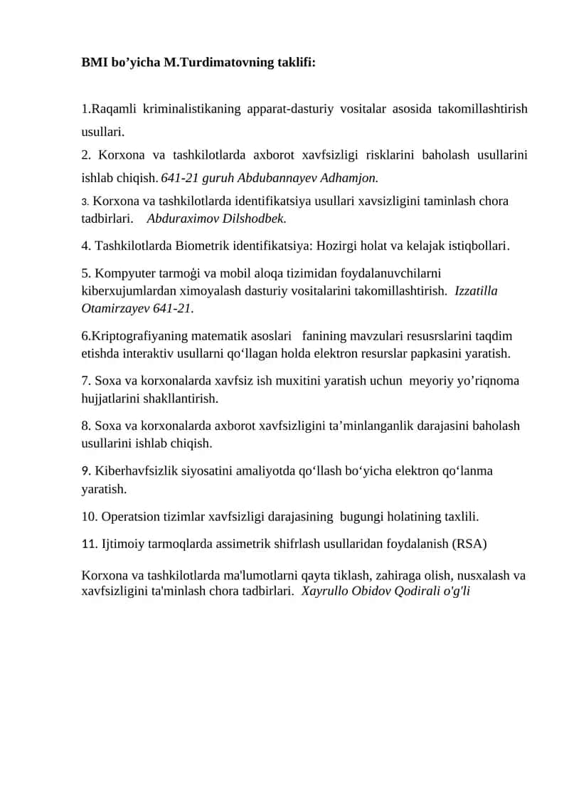 BMI bo’yicha M.Turdimatovning taklifi