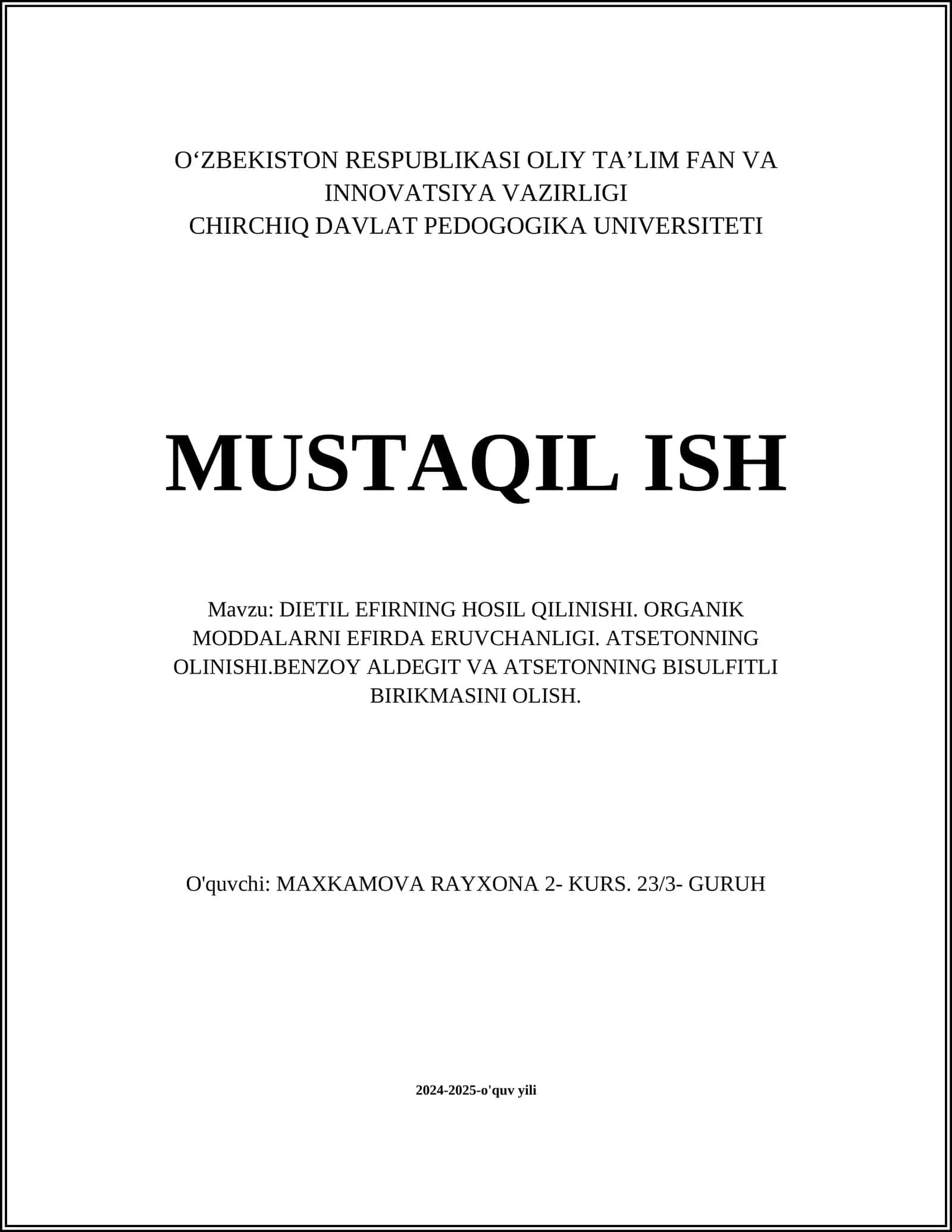 DIETIL EFIRNING HOSIL QILINISHI