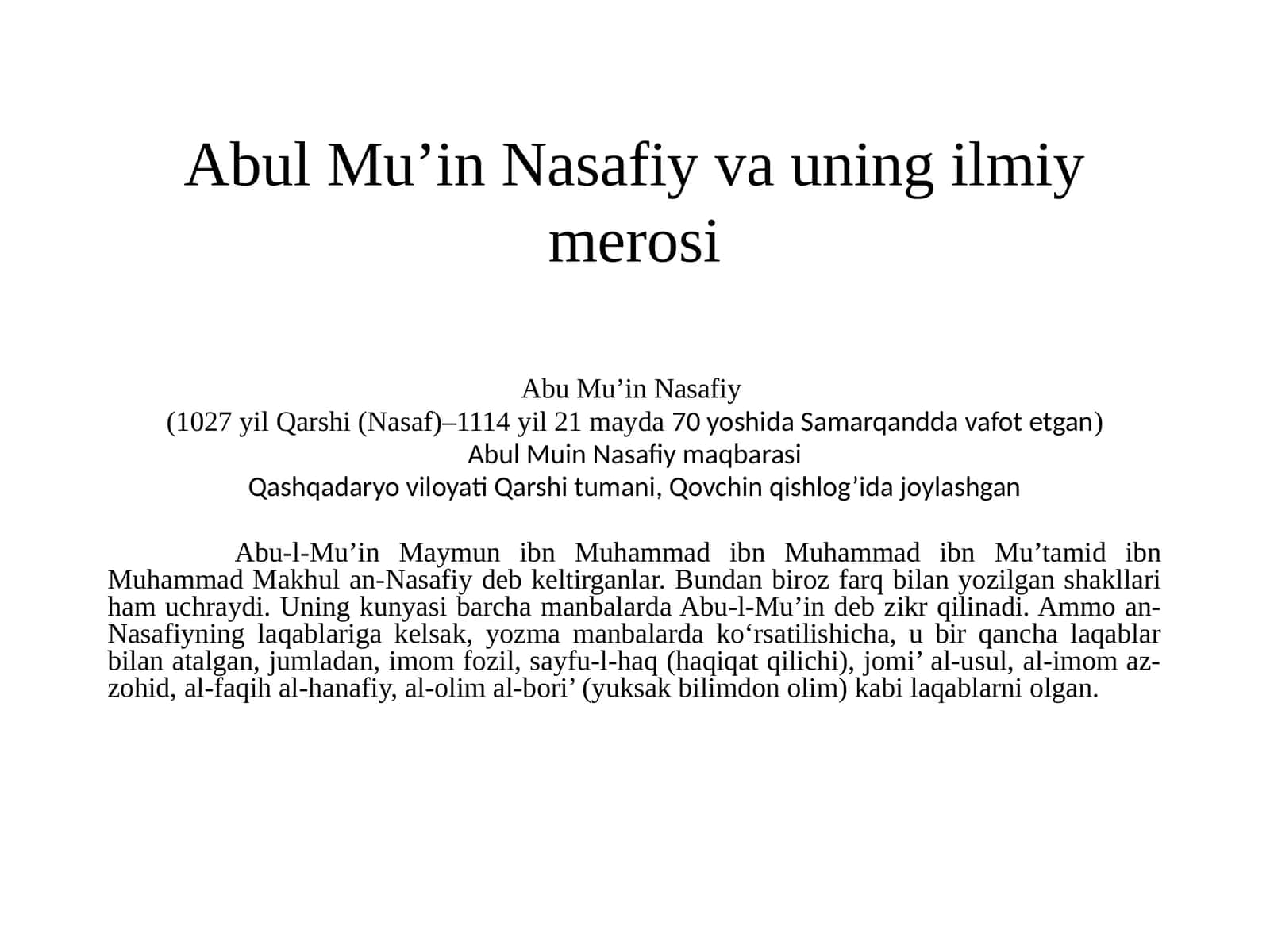 AbulMu’inNasafiyvauningilmiymerosi