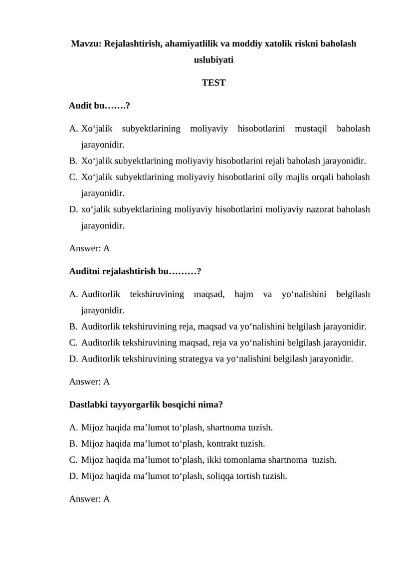 Rejalashtirish, ahamiyatlilik va moddiy xatolik riskni baholash uslubiyati