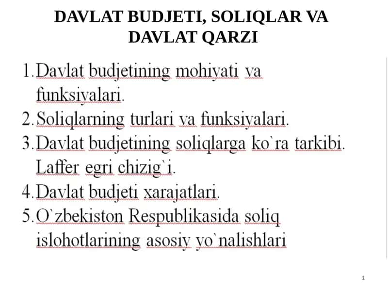 DAVLAT BUDJETI, SOLIQLAR VA DAVLAT QARZI