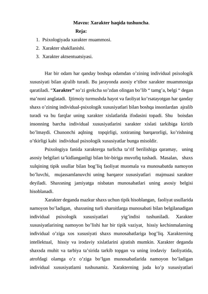 Xarakter haqida tushuncha