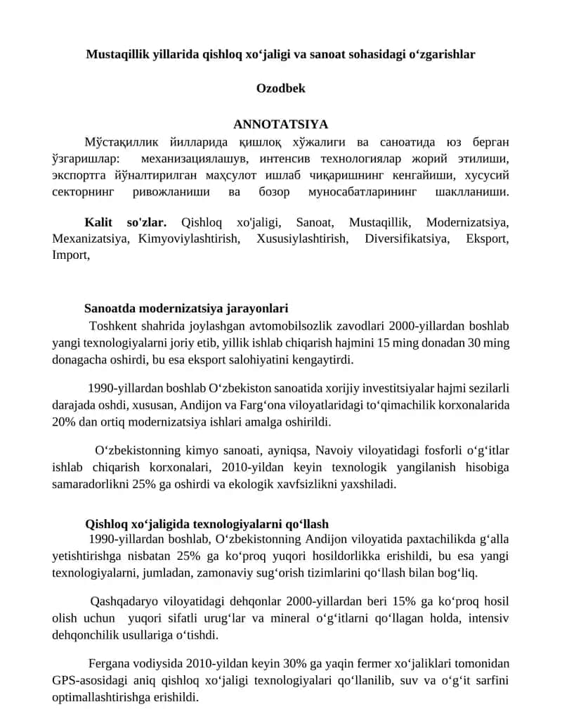 Mustaqillik yillarida qishloq xo‘jaligi va sanoat sohasidagi o‘zgarishlar