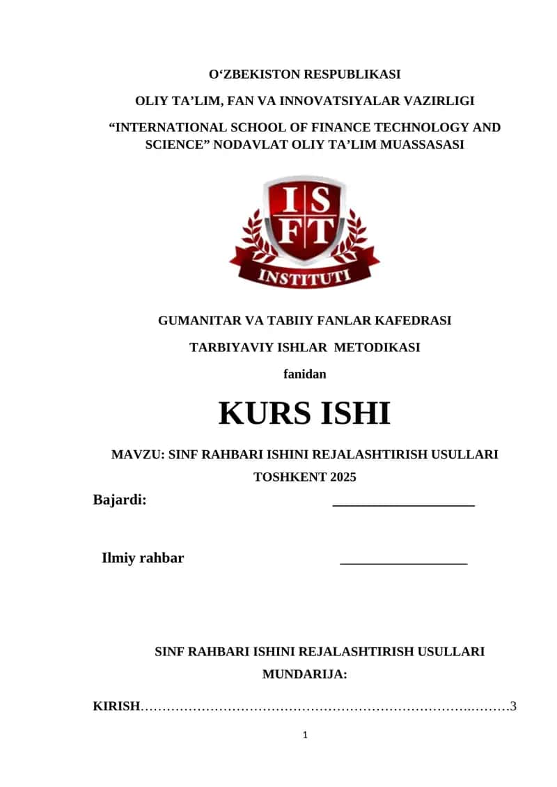 SINF RAHBARI ISHINI REJALASHTIRISH USULLARI