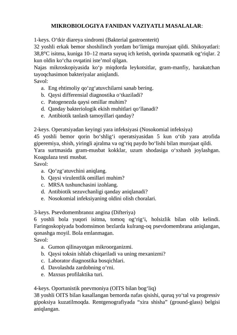 MIKROBIOLOGIYA FANIDAN VAZIYATLI MASALALAR