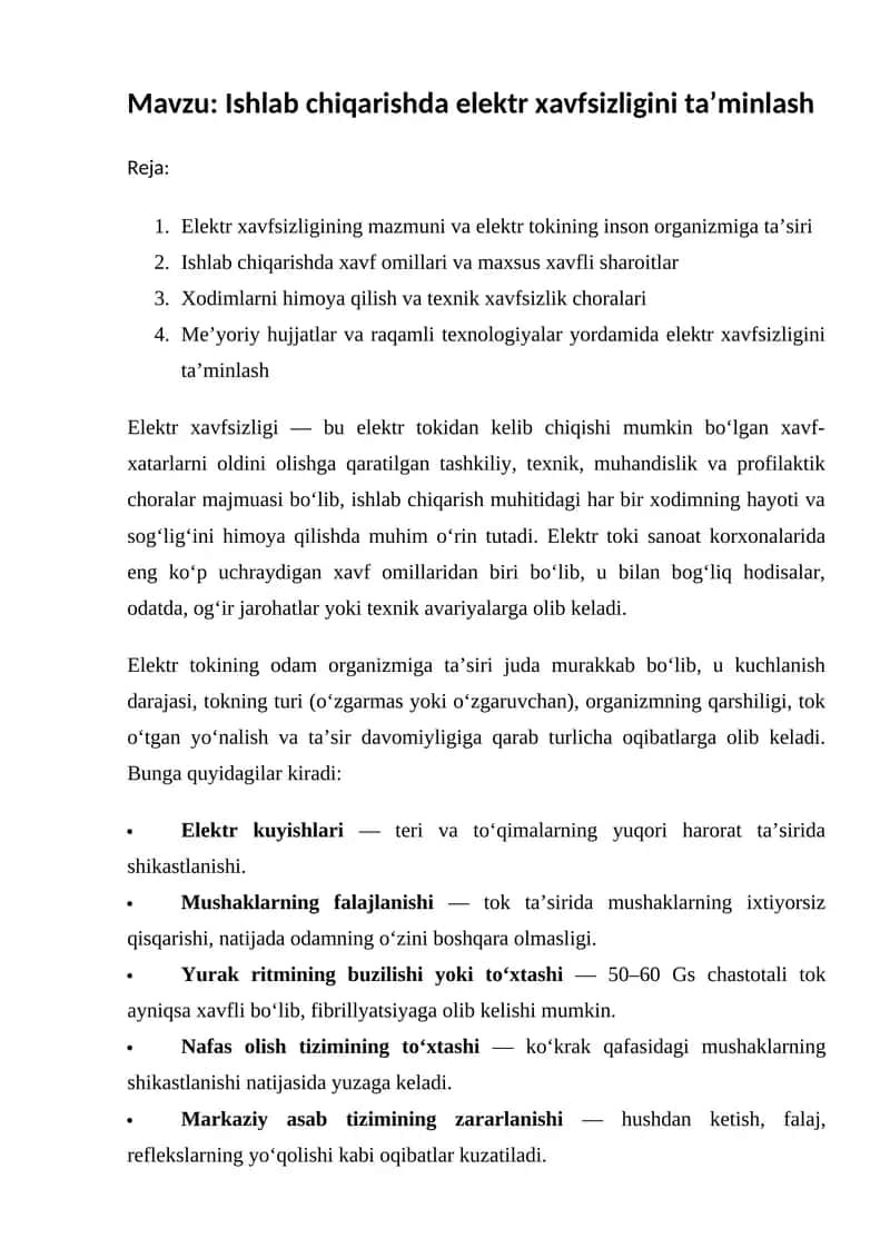 Ishlab chiqarishda elektr xavfsizligini ta’minlash