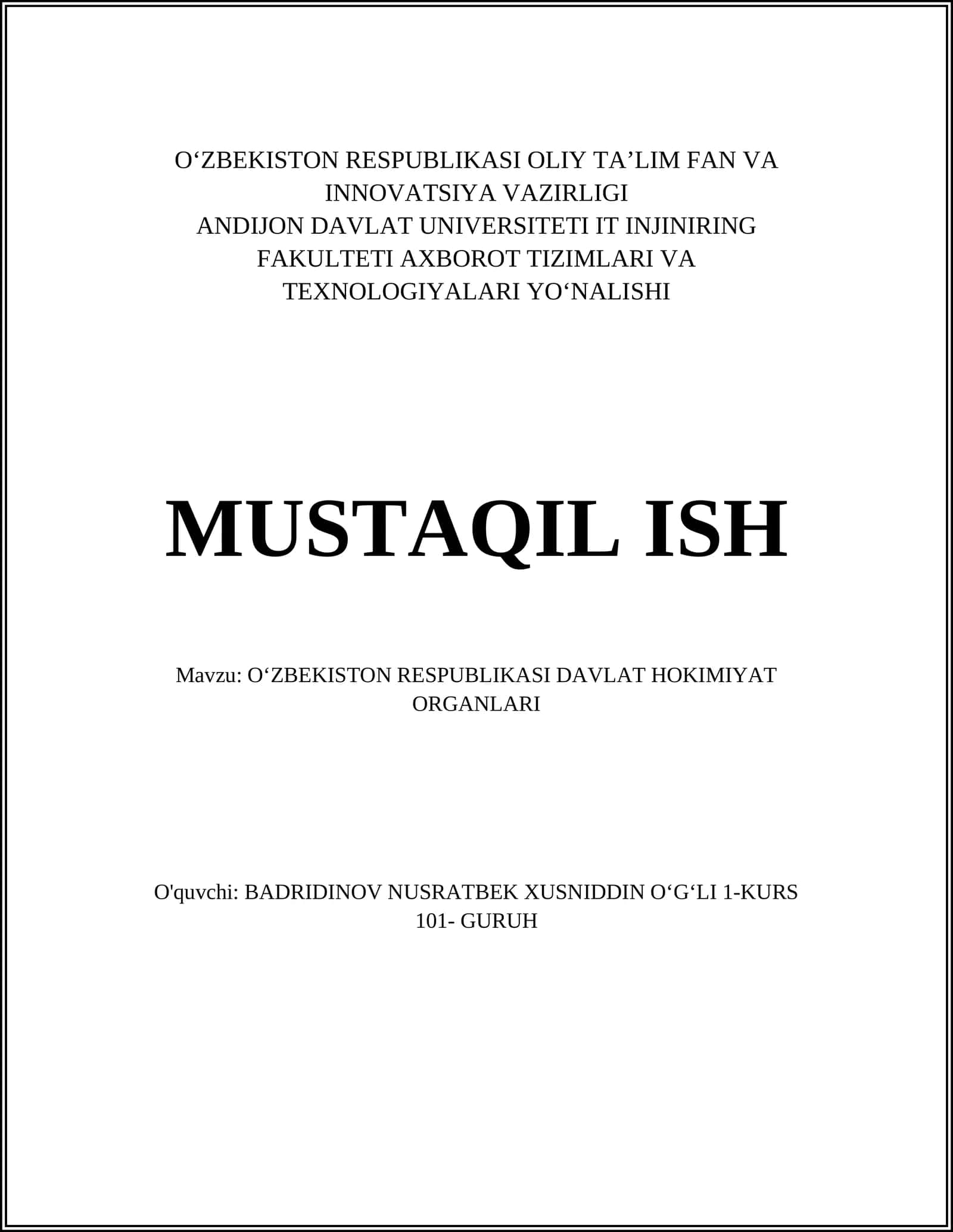 OʻZBEKISTON RESPUBLIKASI DAVLAT HOKIMIYAT ORGANLARI