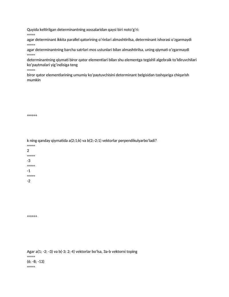 Noto'g'ri determinantning xossalari