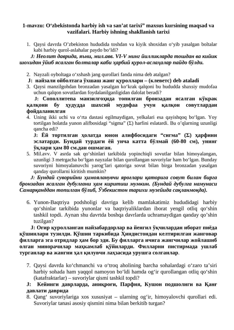 O‘zbekistonda harbiy ish va san’at tarixi