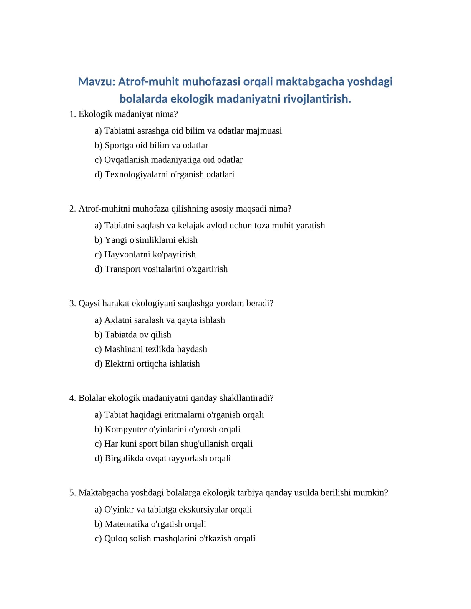 Atrof-muhit muhofazasi orqali maktabgacha yoshdagi bolalarda ekologik madaniyatni rivojlantirish