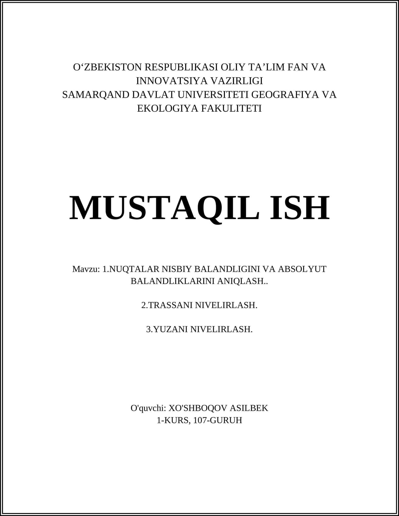 Nuqtalar nisbiy balandligini aniqlash