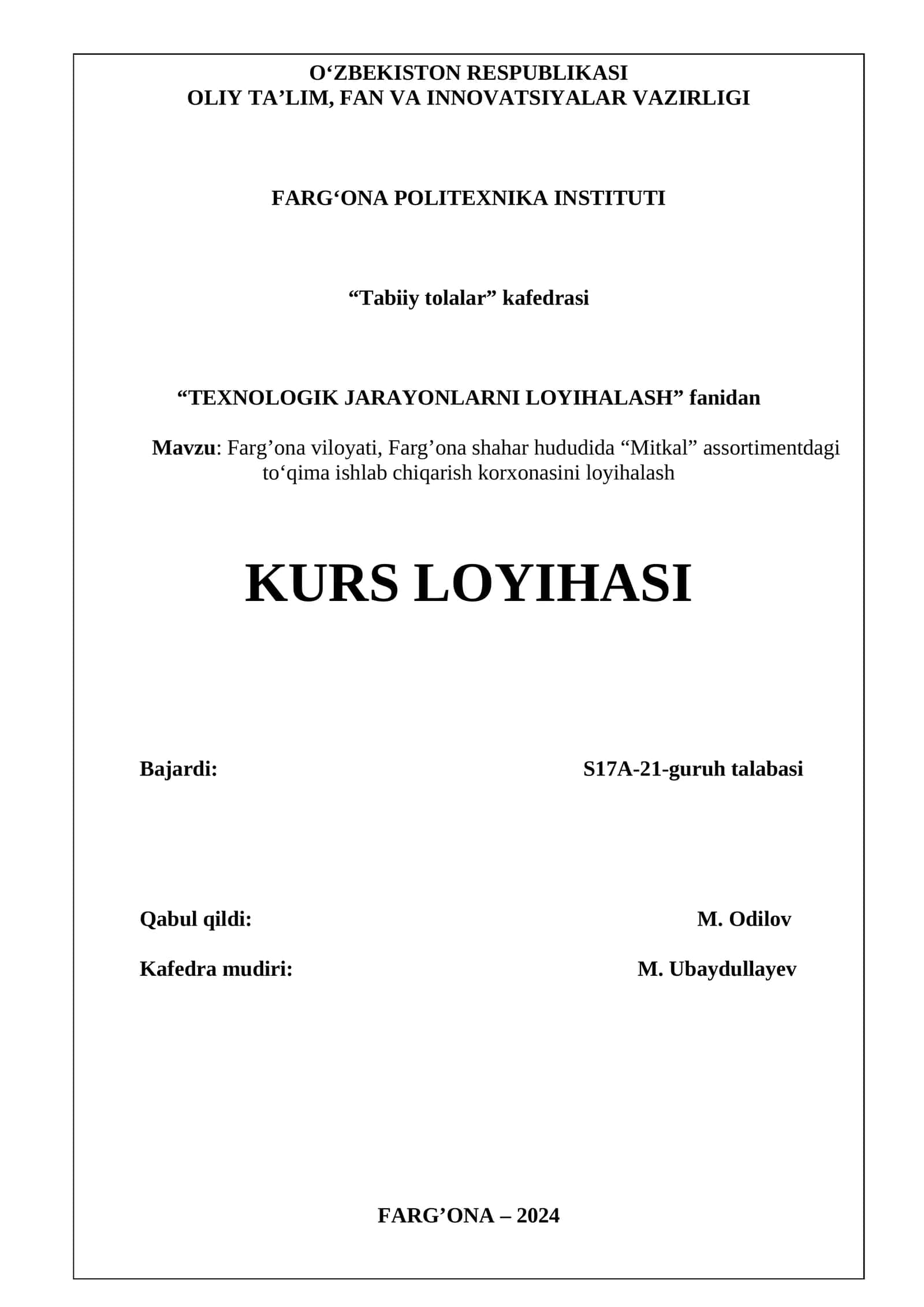 "Mitkal" assortimentdagi to‘qima ishlab chiqarish korxonasini loyihalash