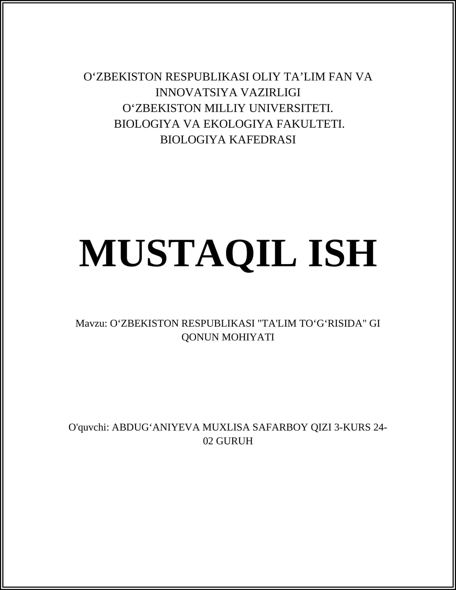 OʻZBEKISTON RESPUBLIKASI "TA'LIM TOʻGʻRISIDA" GI QONUN MOHIYATI