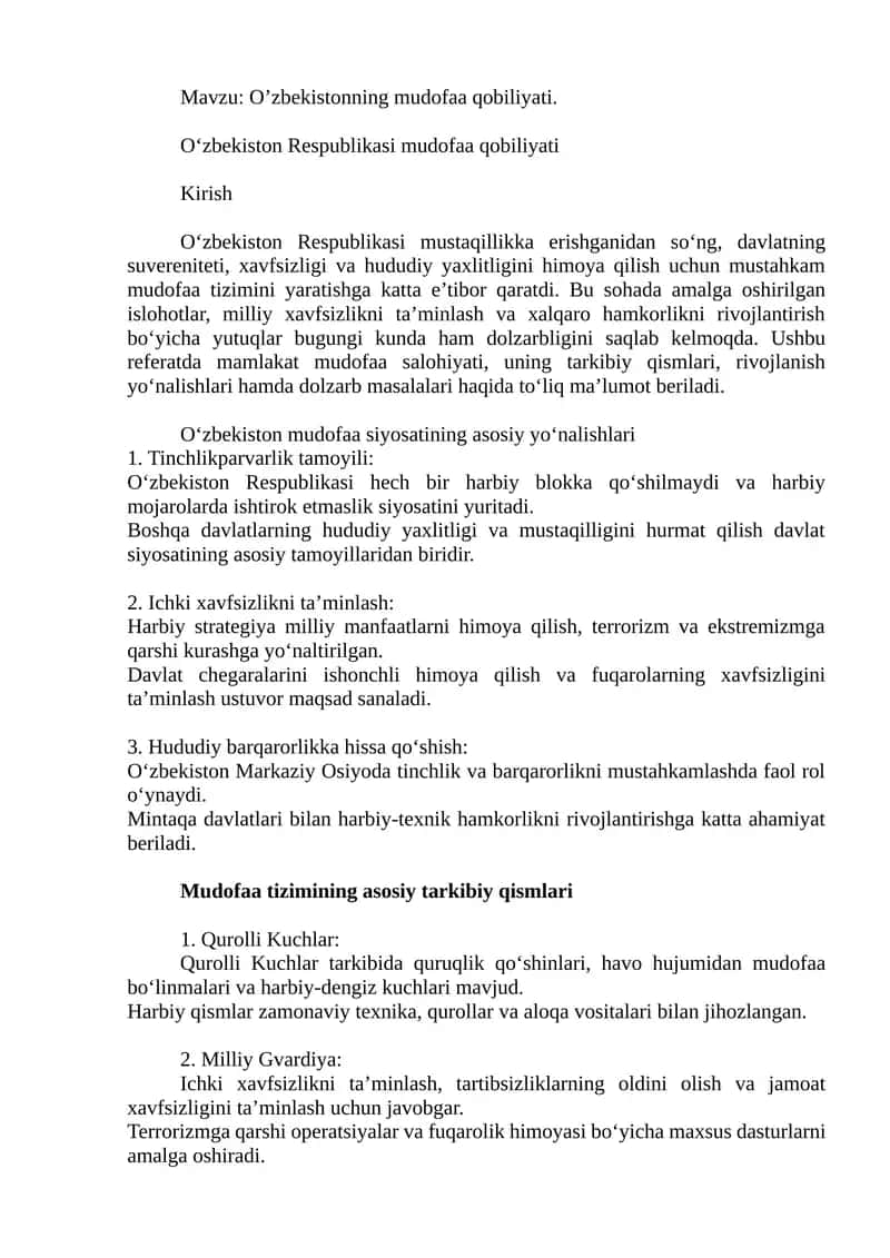 O’zbekistonning mudofaa qobiliyati