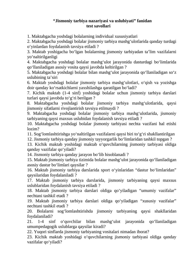 Maktabgacha yoshdagi bolalar uchun jismoniy tarbiya test savollari
