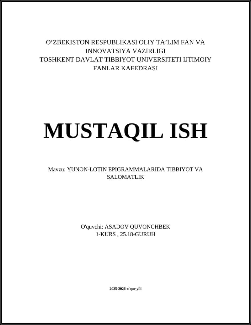 YUNON-LOTIN EPIGRAMMALARIDA TIBBIYOT VA SALOMATLIK