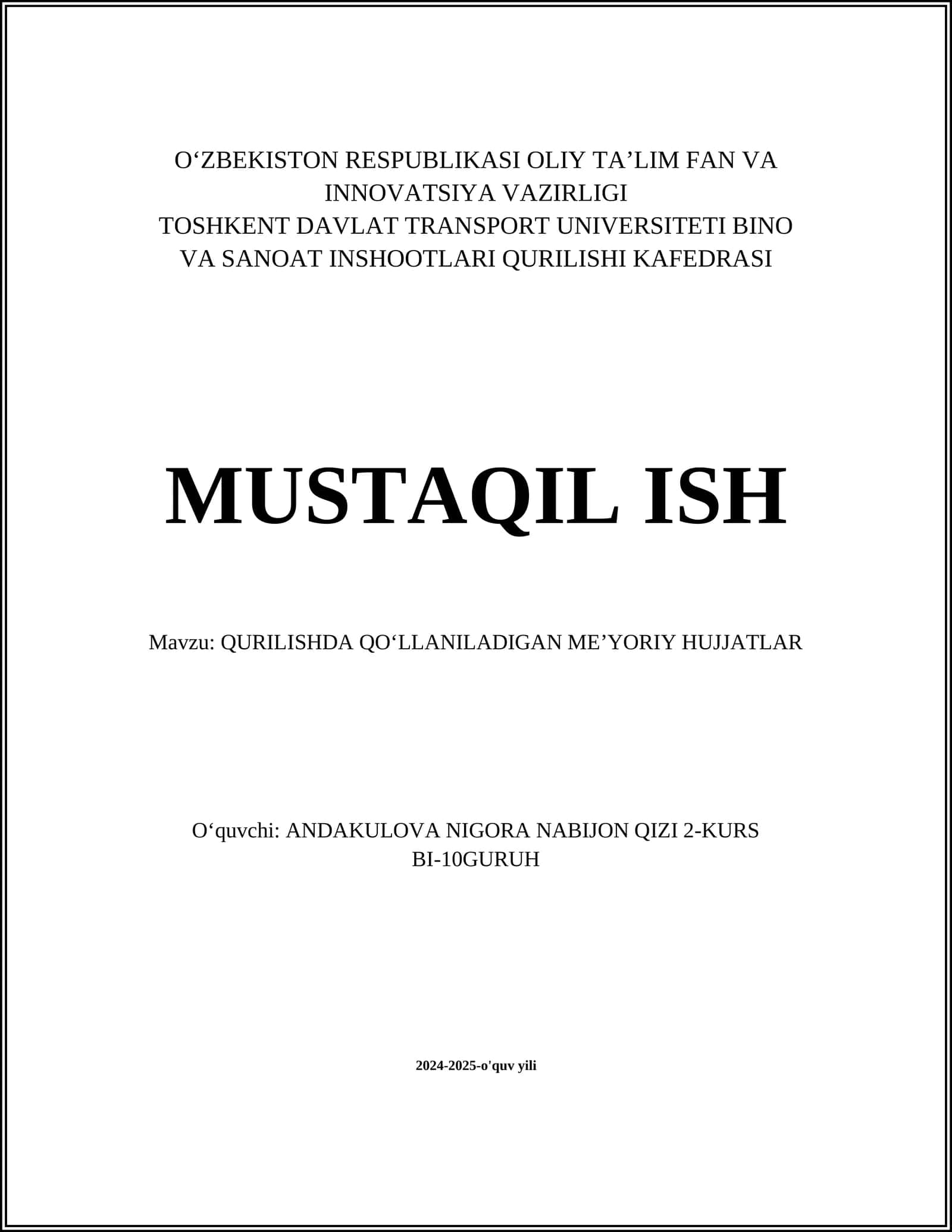 Qurilishda Qo‘llaniladigan Me’yoriy Hujjatlar
