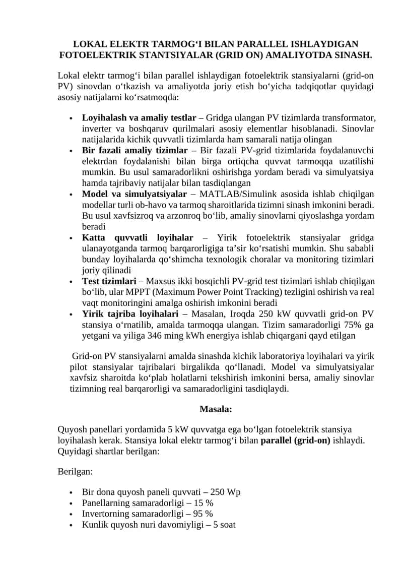 LOKAL ELEKTR TARMOG‘I BILAN PARALLEL ISHLAYDIGAN FOTOELEKTRIK STANTSIYALAR (GRID ON) AMALIYOTDA SINASH
