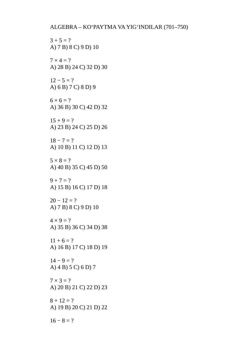 ALGEBRA – KO‘PAYTMA VA YIG‘INDILAR (701–750)