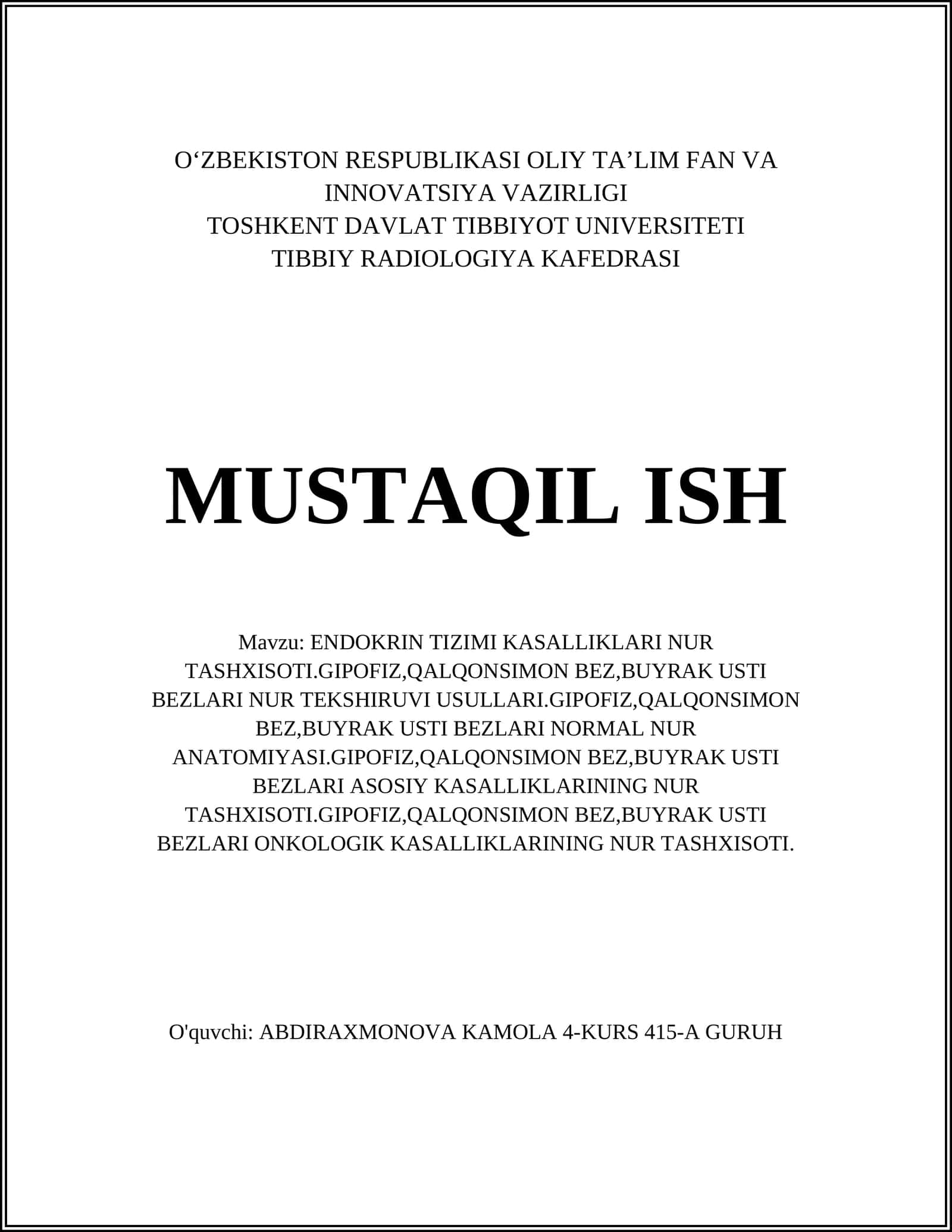 ENDOKRIN TIZIMI KASALLIKLARI NUR TASHXISOTI