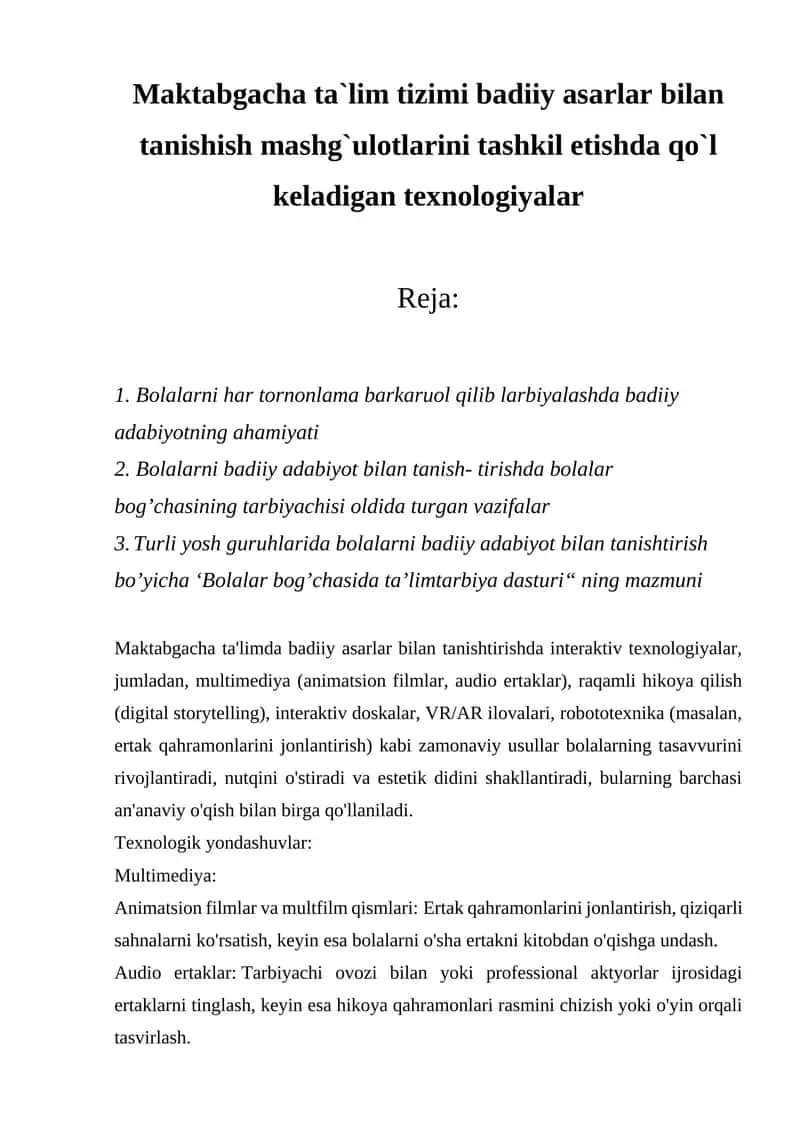 Maktabgacha ta`lim tizimi badiiy asarlar bilan tanishish mashg`ulotlari