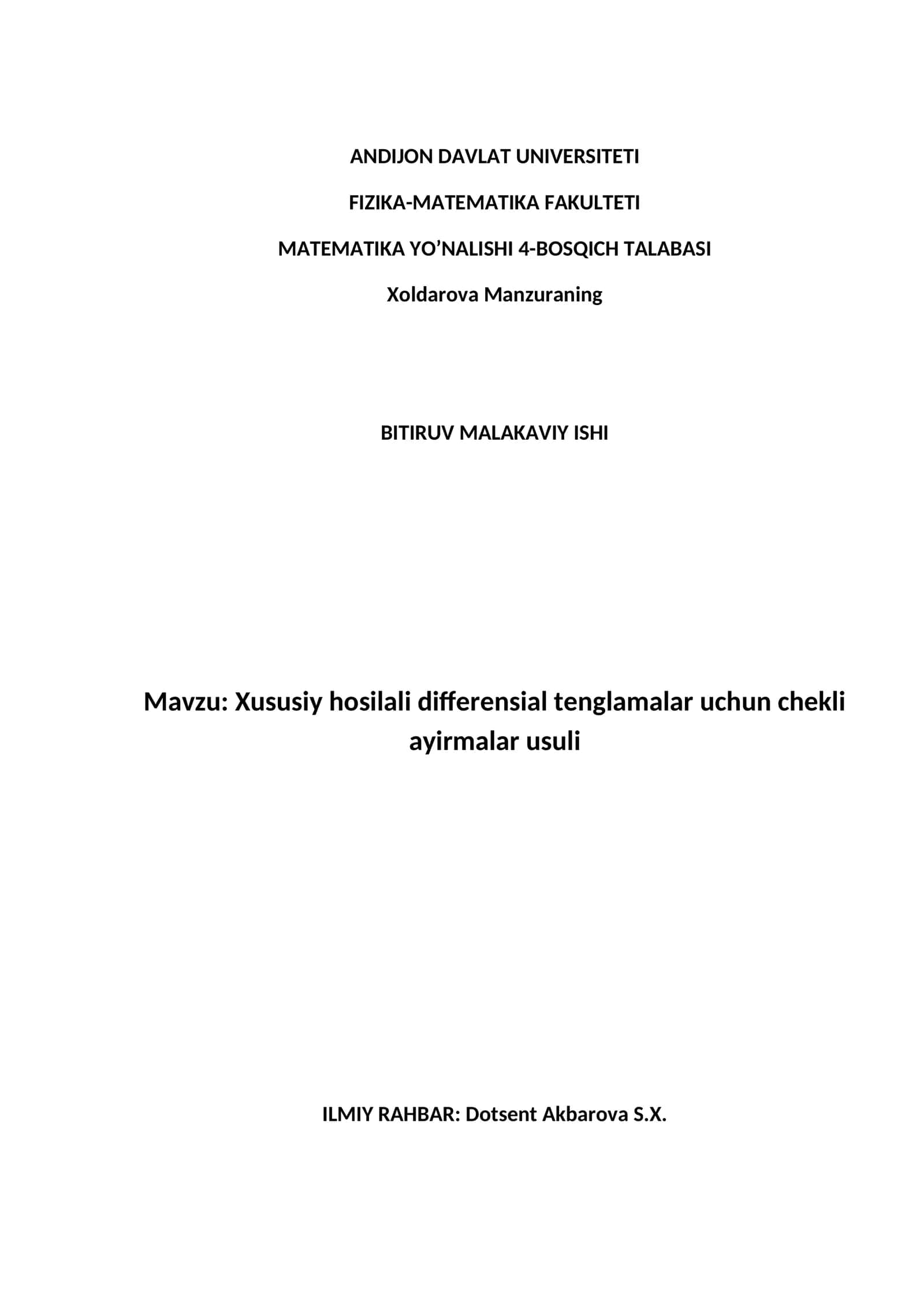 Xususiy hosilali differensial tenglamalar uchun chekli ayirmalar usuli