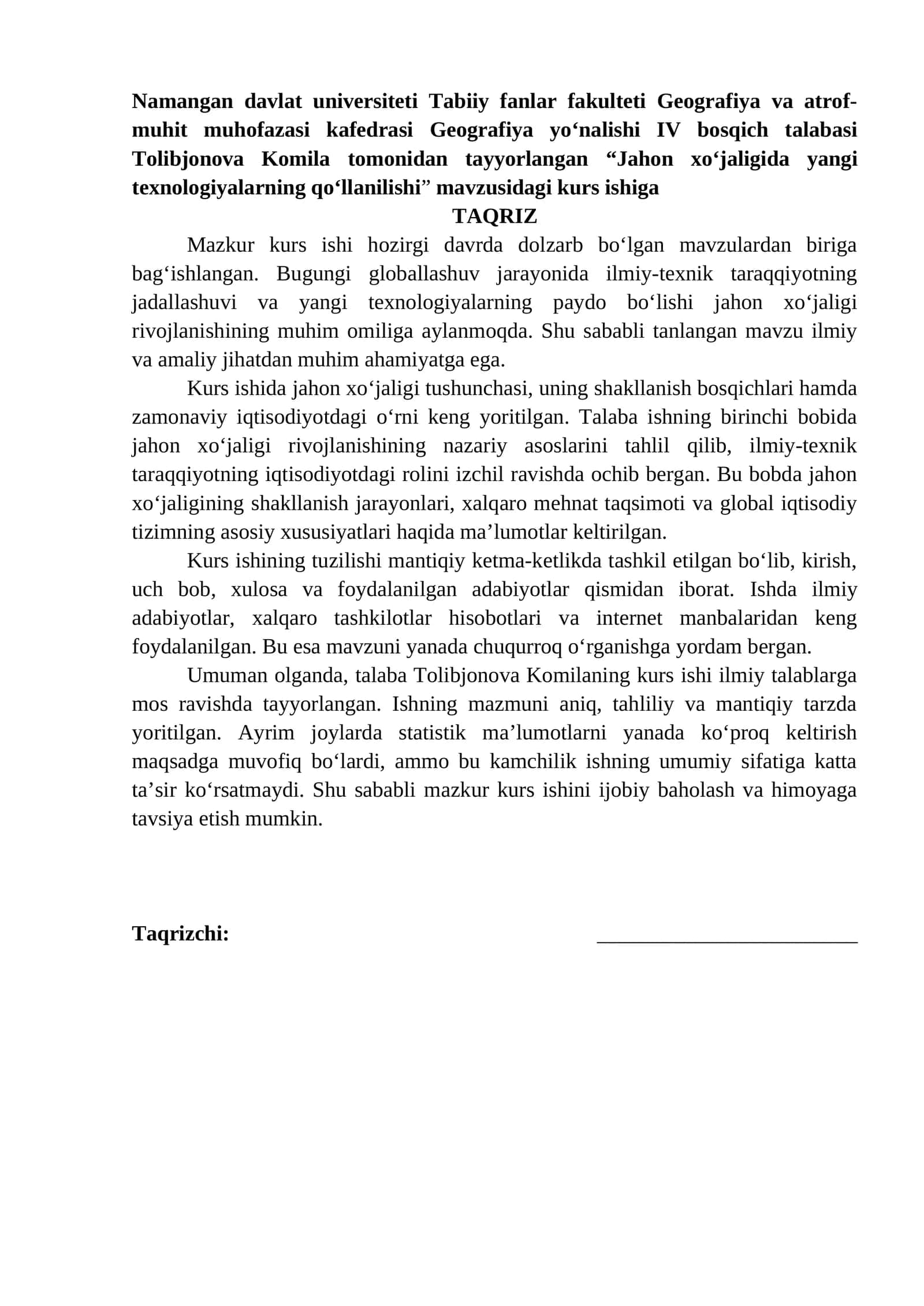 “Jahon xo‘jaligida yangi texnologiyalarning qo‘llanilishi” kurs ishi