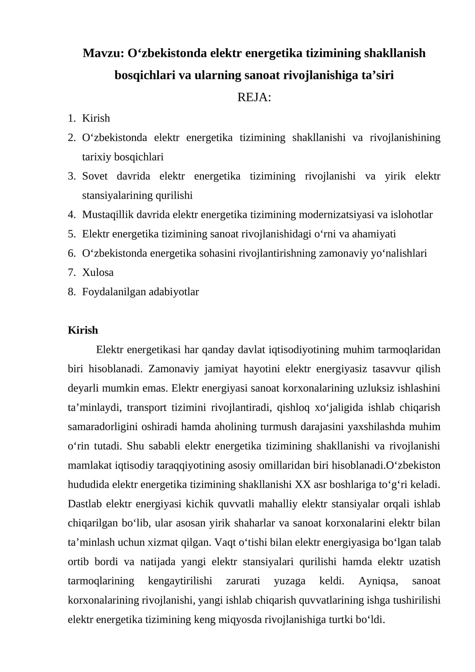 Oʻzbekistonda elektr energetika tizimining shakllanish bosqichlari va ularning sanoat rivojlanishiga ta’siri