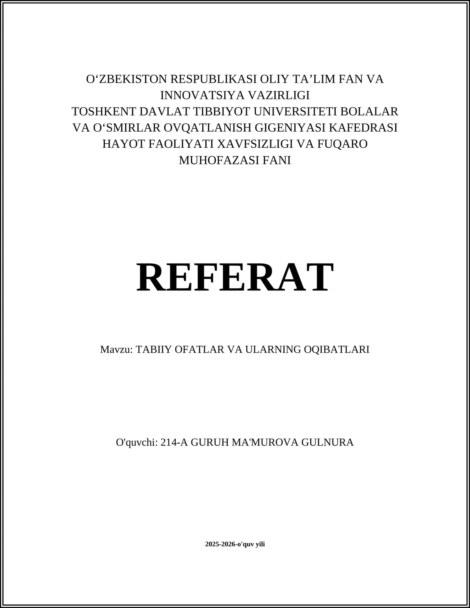 TABIIY OFATLAR VA ULARNING OQIBATLARI