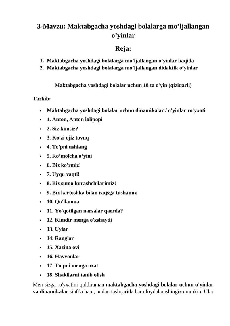 Maktabgacha yoshdagi bolalarga mo’ljallangan o’yinlar