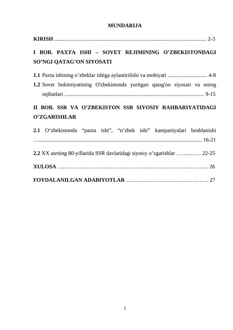 PAXTA ISHI – SOVET REJIMINING O’ZBEKISTONDAGI SO’NGI QATAG’ON SIYOSATI