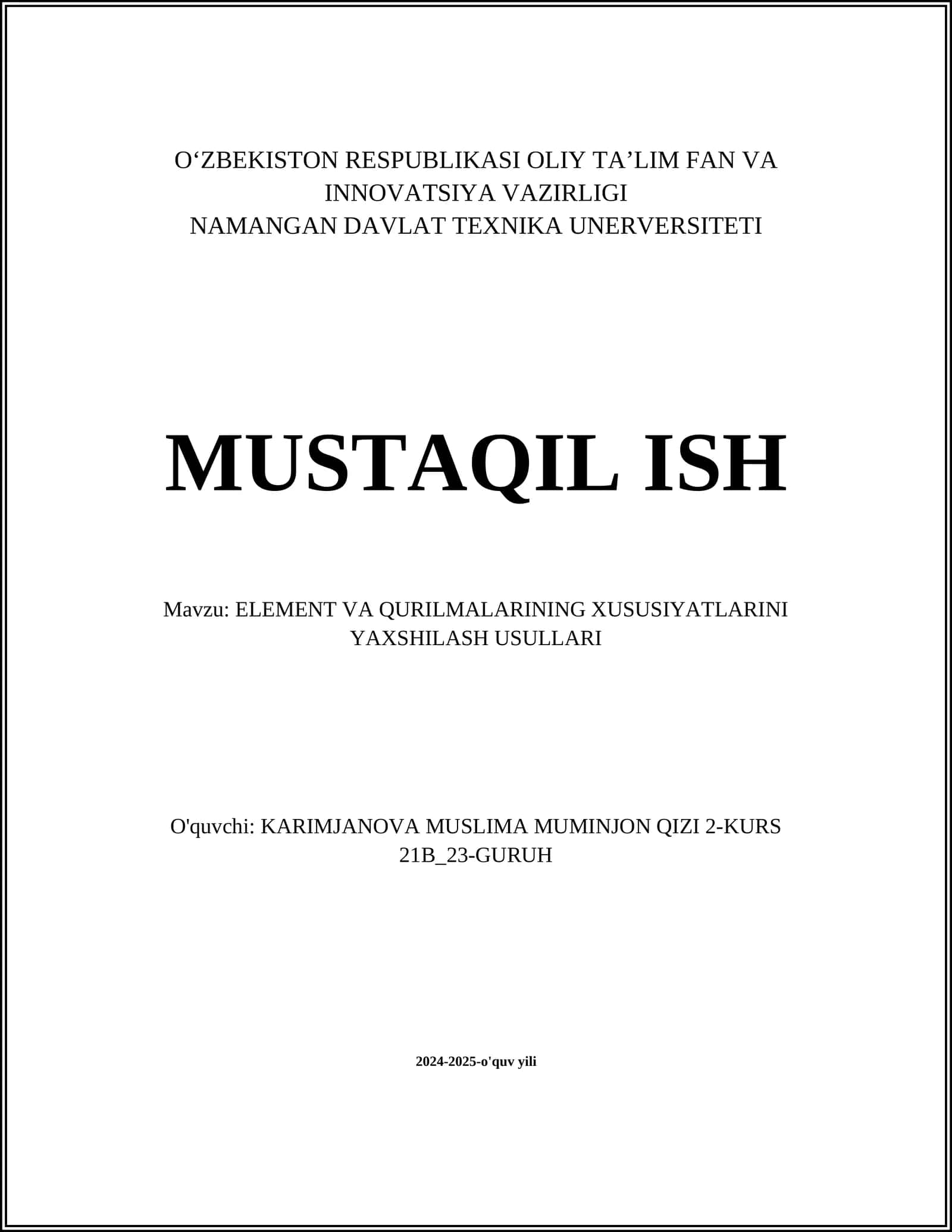 ELEMENT VA QURILMALARINING XUSUSIYATLARINI YAXSHILASH USULLARI