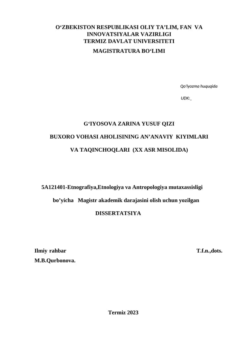 BUXORO VOHASI AHOLISINING AN’ANAVIY KIYIMLARI VA TAQINCHOQLARI (XX ASR MISOLIDA)