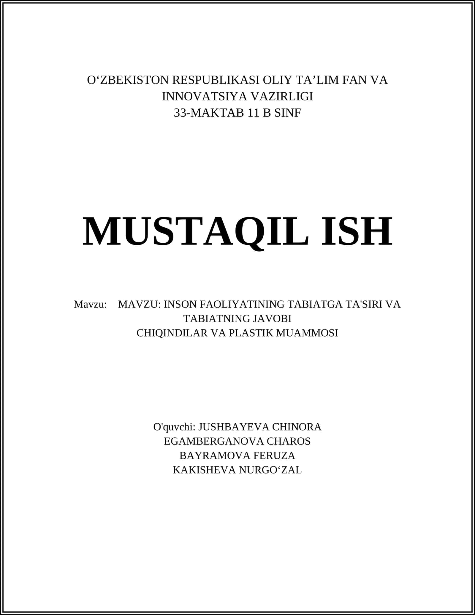 INSON FAOLIYATINING TABIATGA TA'SIRI VA TABIATNING JAVOBI