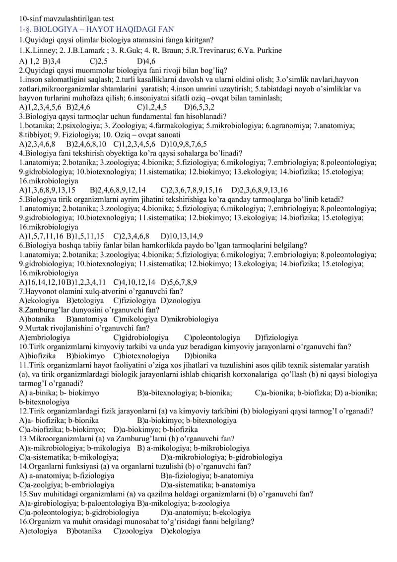 10-sinf biologiadan mavzulashtirilgan test