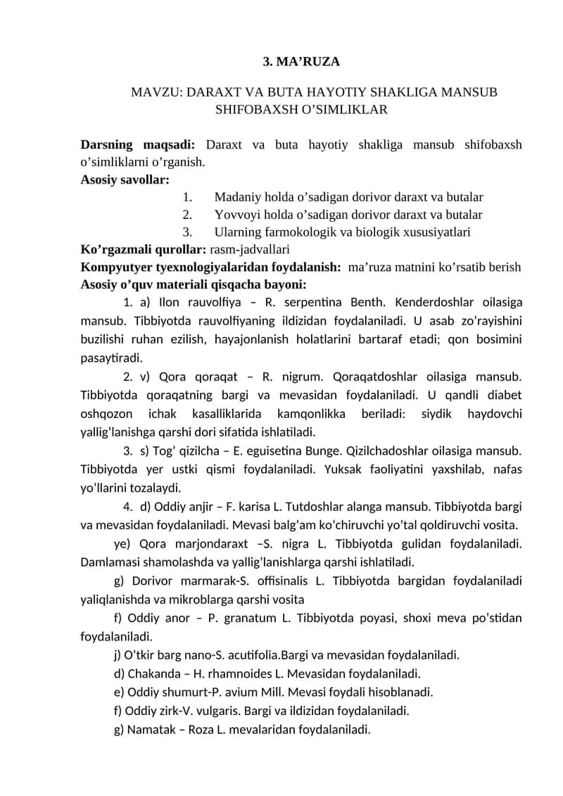 DARAXT VA BUTA HAYOTIY SHAKLIGA MANSUB SHIFOBAXSH O’SIMLIKLAR