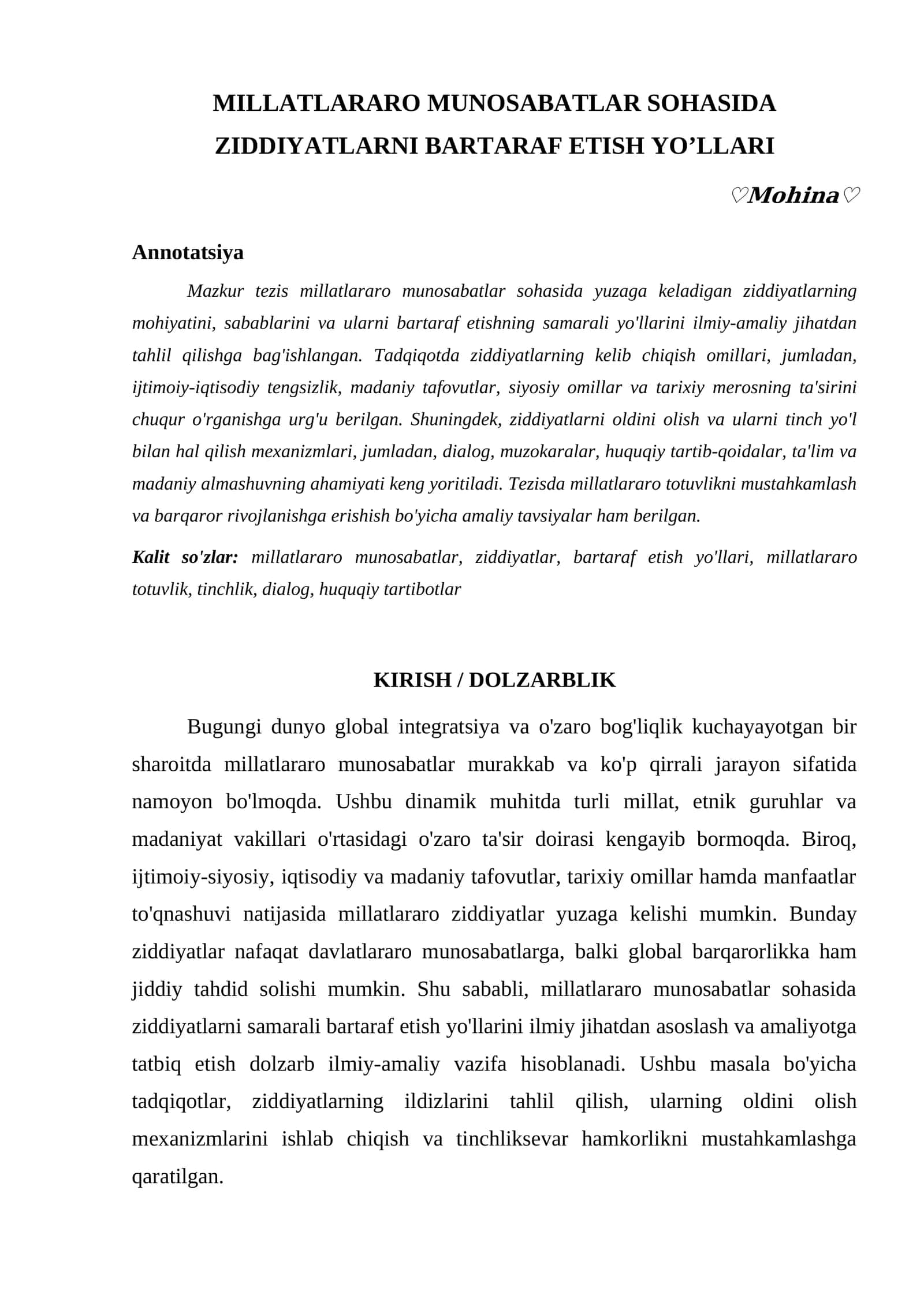 MILLATLARARO MUNOSABATLAR SOHASIDA ZIDDIYATLARNI BARTARAF ETISH YOʼLLARI