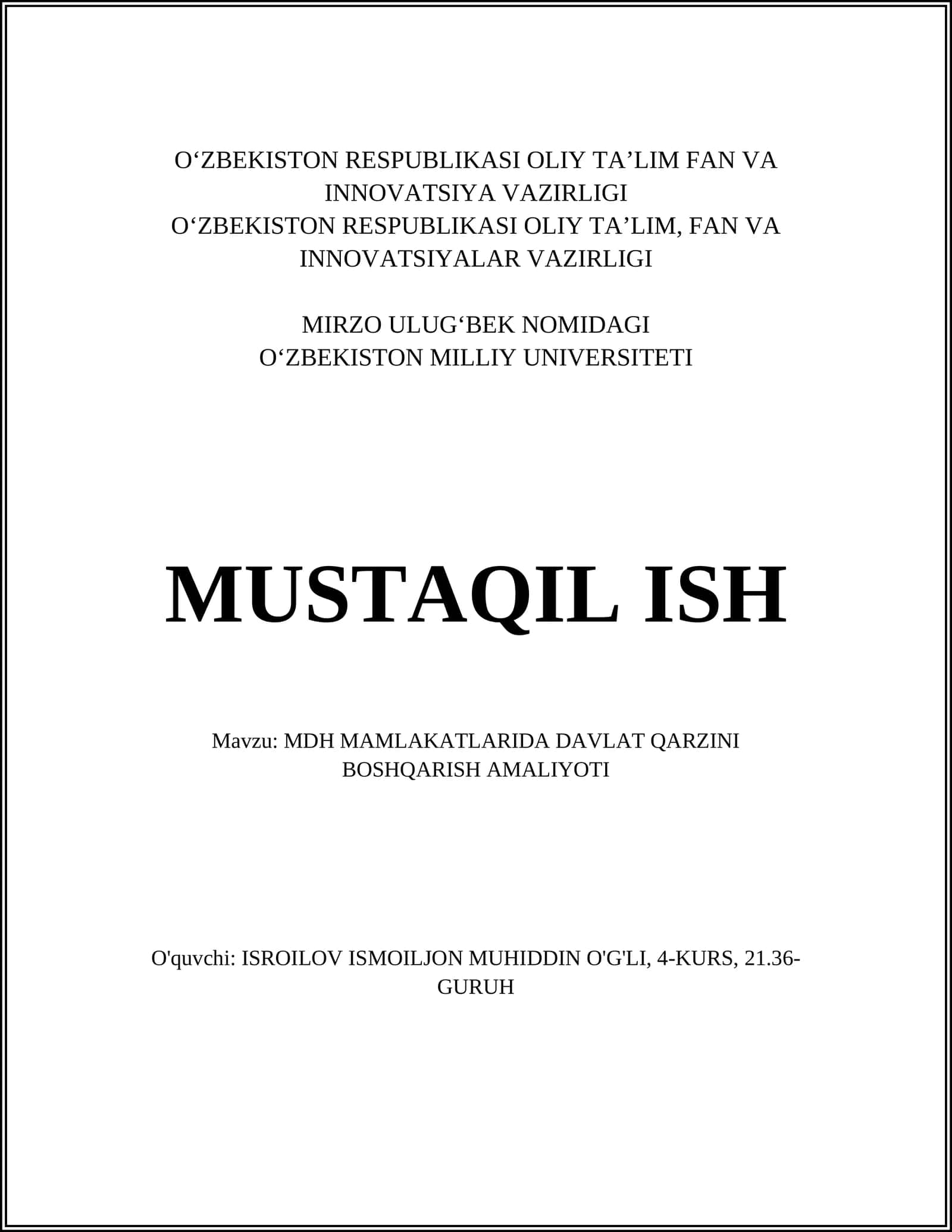 MDH MAMLAKATLARIDA DAVLAT QARZINI BOSHQARISH AMALIYOTI
