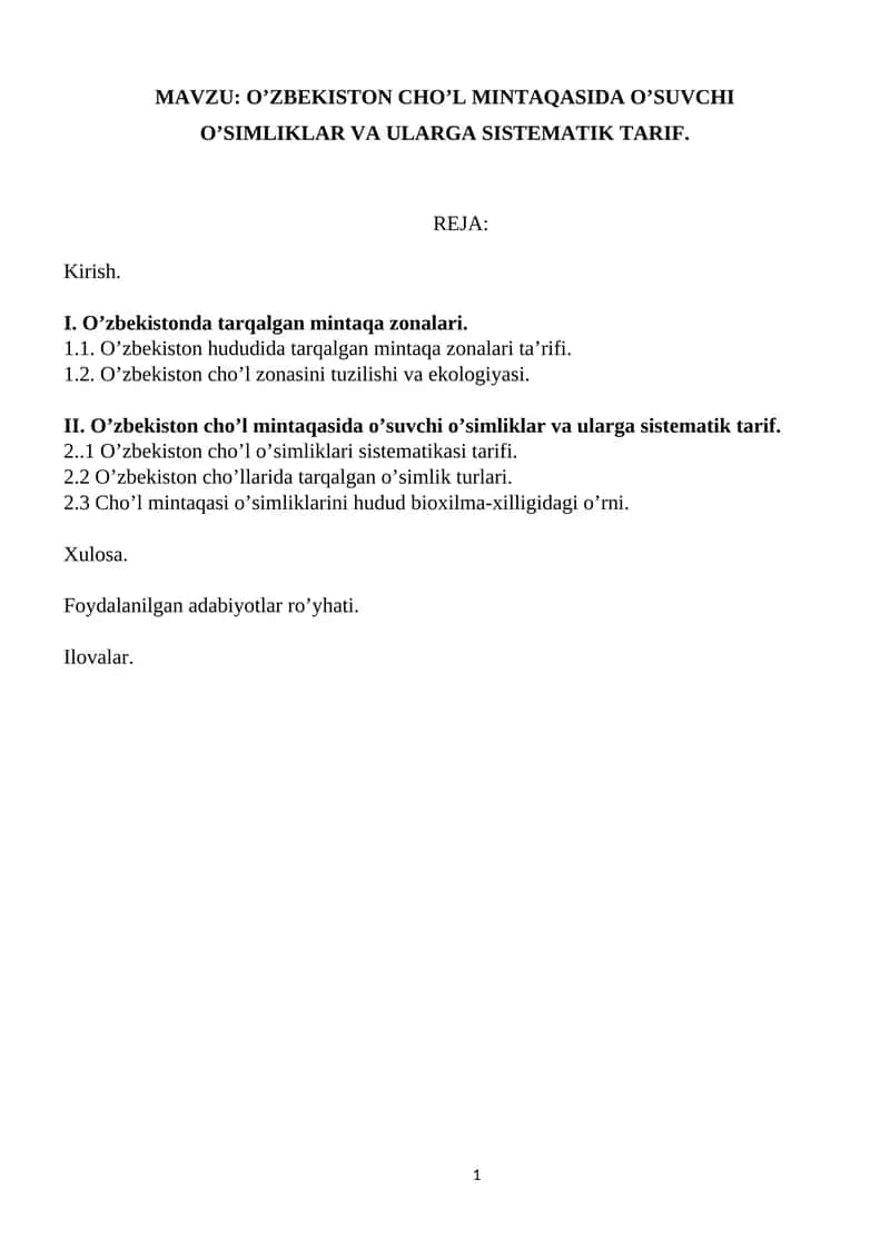 O’zbekiston Cho’l Mintaqasida O’Suvchi O’simliklar va Ularga Sistematik Tarif