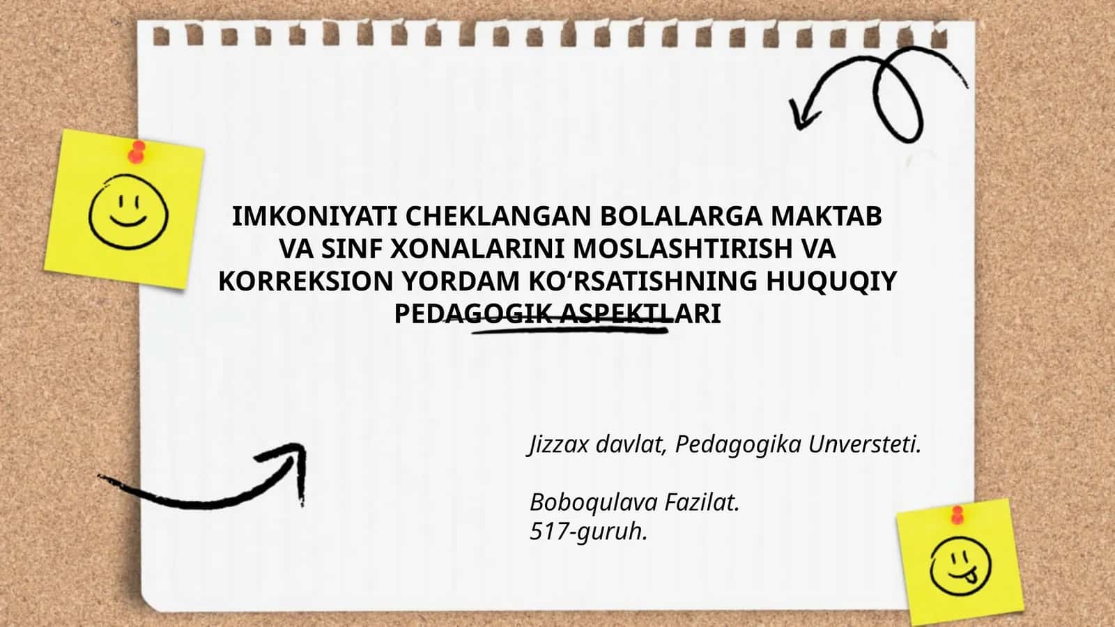 IMKONIYATI CHEKLANGAN BOLALARGA MAKTAB VA SINF XONALARINI MOSLASHTIRISH VA KORREKSION YORDAM KOʻRSATISHNING HUQUQIY PEDAGOGIK ASPEKTLARI