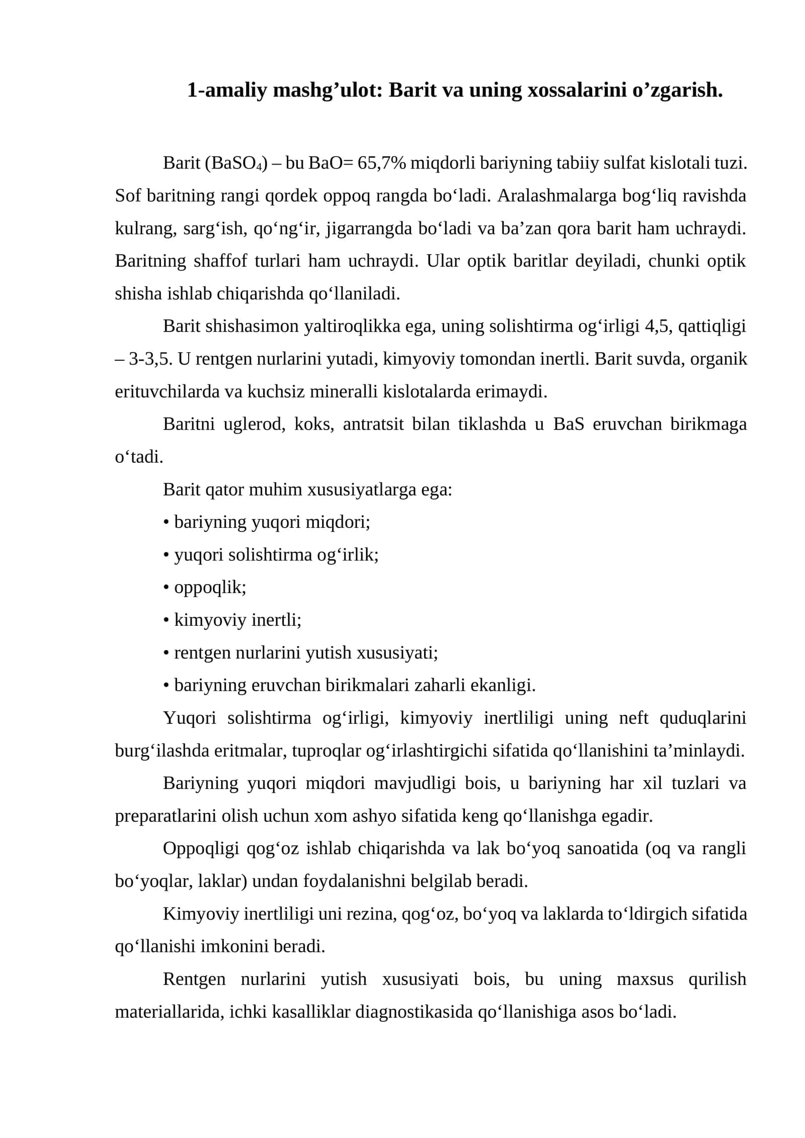 Barit va uning xossalarini o’zgarish