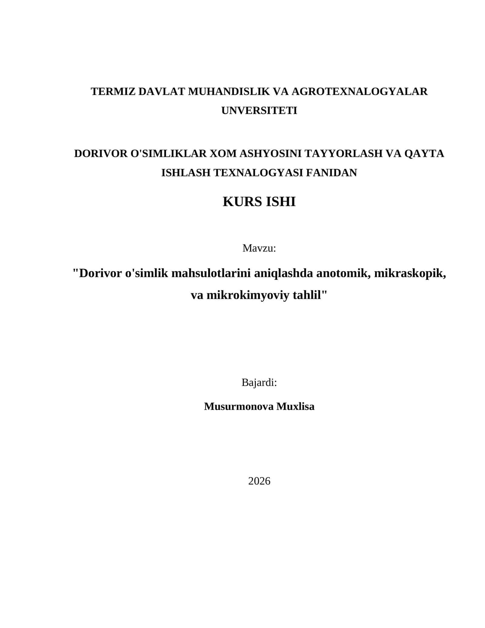 Dorivor O'simlik Mahsulotlarini Aniqlashda Anotomik, Mikraskopik, va Mikrokimyoviy Tahlil