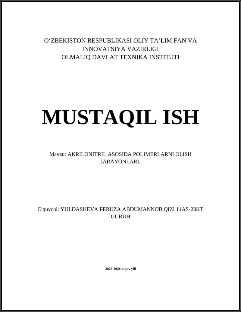 AKRILONITRIL ASOSIDA POLIMERLARNI OLISH JARAYONLARI