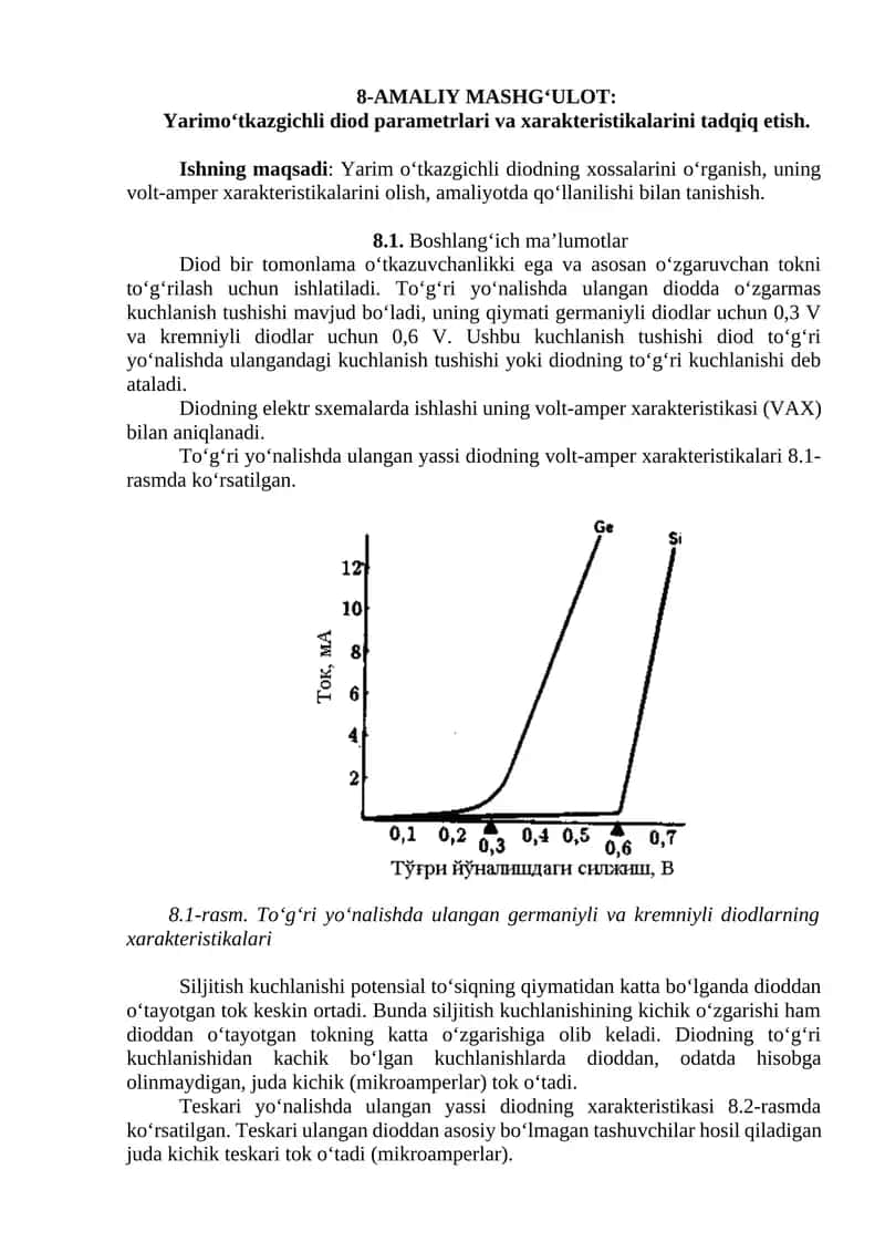 Yarimo‘tkazgichli diod parametrlari va xarakteristikalarini tadqiq etish