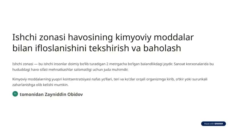 Ishchi zonasi havosining kimyoviy moddalar bilan ifloslanishini tekshirish va baholash