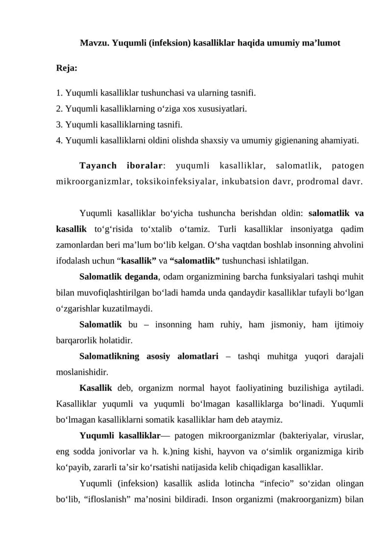Yuqumli (infeksion) kasalliklar haqida umumiy ma’lumot