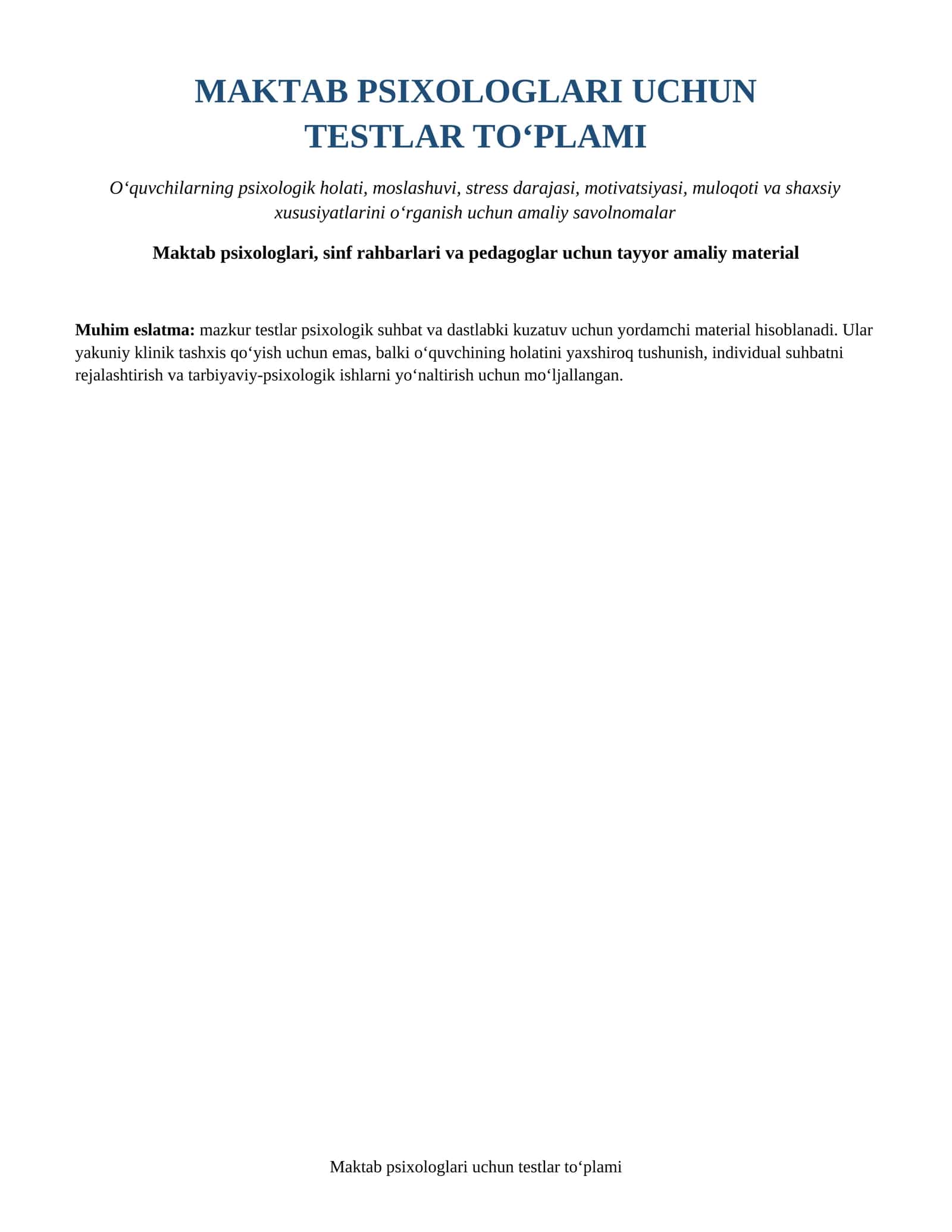 MAKTAB PSIXOLOGLARI UCHUN TESTLAR TO‘PLAMI