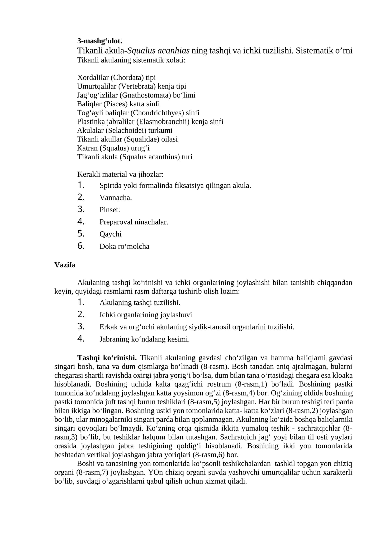 Tikanli akula-Squalus acanhias ning tashqi va ichki tuzilishi. Sistematik o’rni