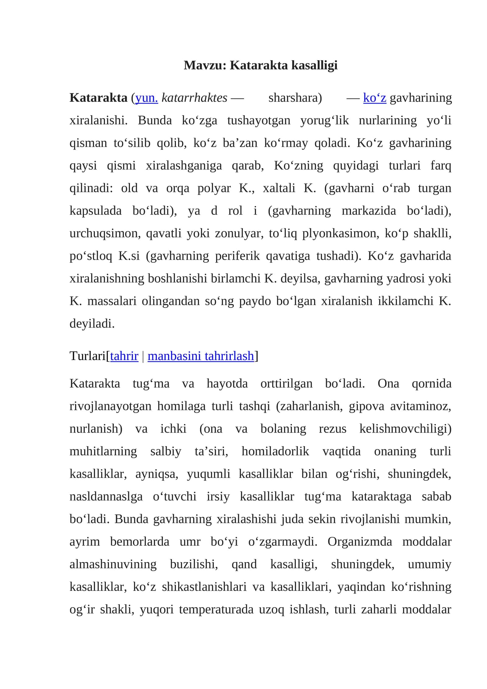 Katarakta kasalligi
